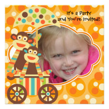 Retro Sock Monkeys Photo Birthday Invitation