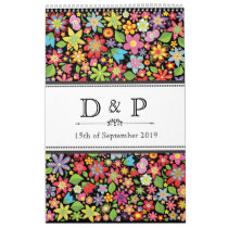 Retro Spring Flowers Monogram Wedding Guestbook Wall Calendar