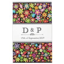 Retro Spring Flowers Monogram Wedding Guestbook Wall Calendar