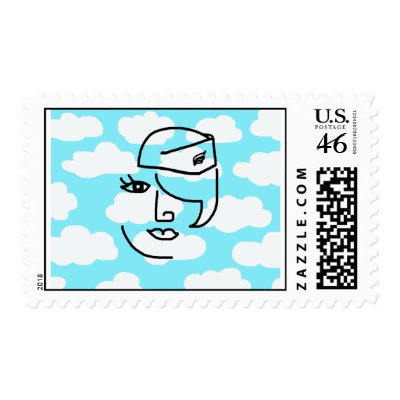 Retro Stewardess Face in the Sky Postage Stamp by brandyinthesky