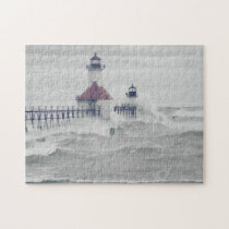 Retro Stormy Lake Michigan Lighthouse Photo Puzzle puzzles
