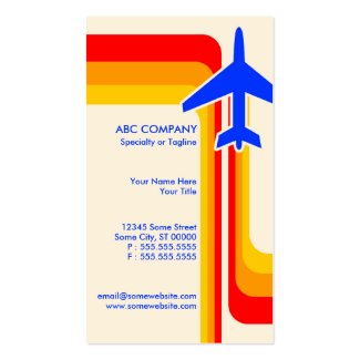 A business card for the airline travel industry featuring modern colorful stripes design in red, orange and yellow, with the silhouetted outline of an airplane and your travel business details.