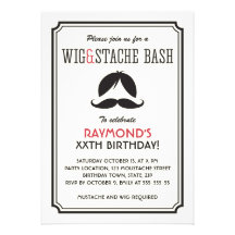 Retro stripes wig and mustache bash birthday party personalized invitation