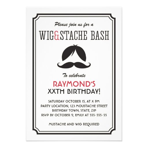Retro stripes wig and mustache bash birthday party personalized invitation