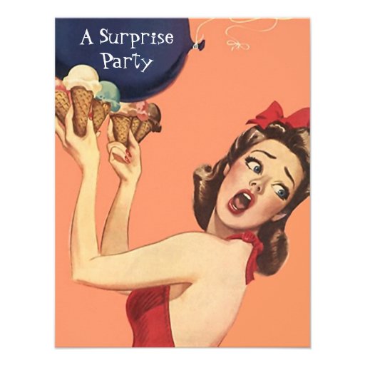 Retro Style Surprise Party Invitations balloon gal (front side)
