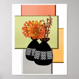 Retro Style Vases of Orange Flowers Poster