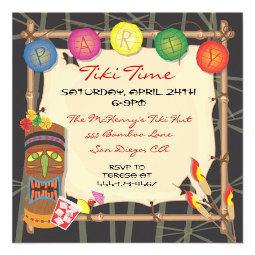 Retro Tiki party invitation with bamboo frame (front side)