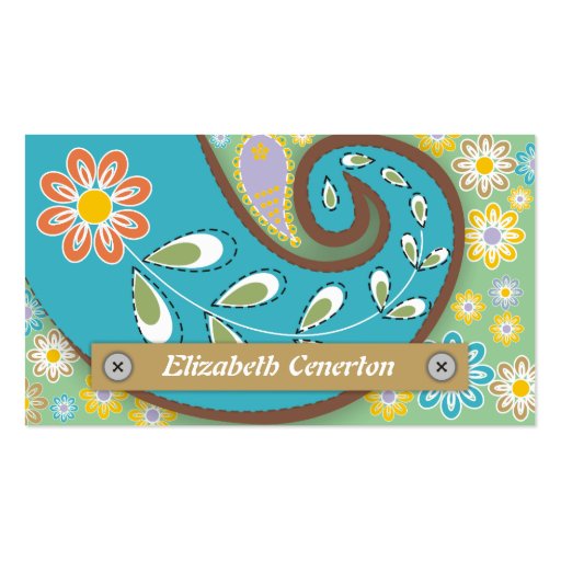 Retro turquoise, green paisley motif floral business cards (front side)