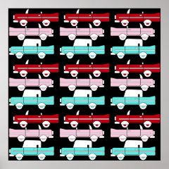 Retro Vintage Cars Pink Red Turquoise Blue Hot Rod Print