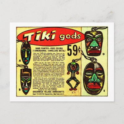Retro Vintage Kitsch Tiki Gods Comic Ad Postcard