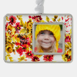 Retro yellow and red flowers silver plated framed ornament