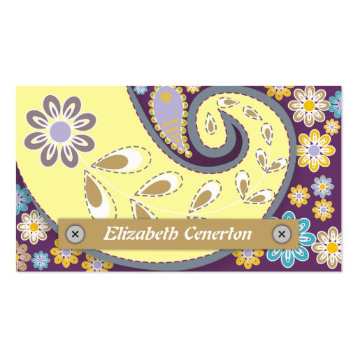 Retro yellow, plum paisley motif floral business card template (front side)