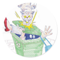 Revenge of the wheelie bin cat! round sticker