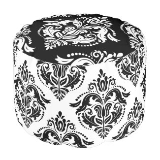 Reversible Black & White Damask Pattern Round Pouf
