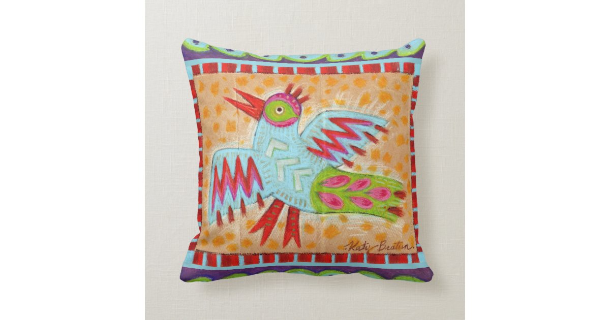 Reversible Folk Art Bird and Fish Design Throw Pillow Zazzle