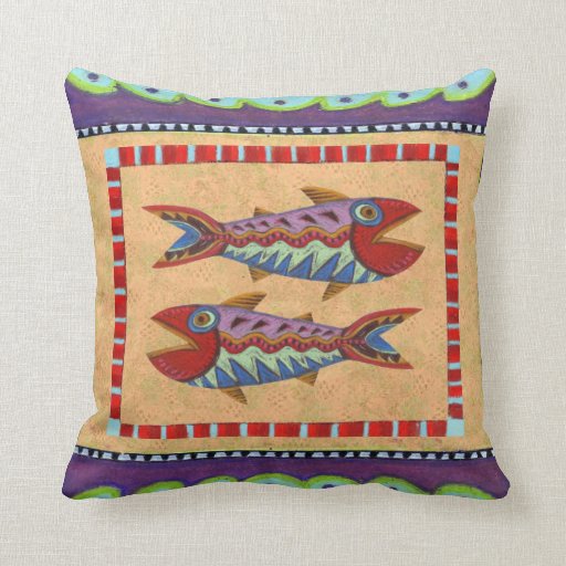 Reversible Folk Art Bird and Fish Design Throw Pillow Zazzle