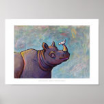 Rhinoceros art little bird gossip fun painting poster