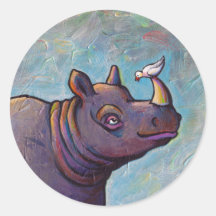 Rhinoceros art little bird gossip fun painting round sticker