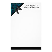 Ribbon Bow Black and Blue Damask Customized Stationery