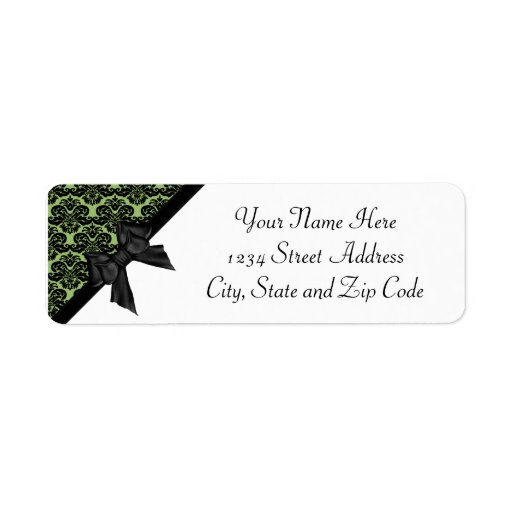 Ribbon Bow Black and Green Damask Custom Return Address Labels
