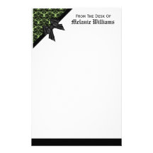 Ribbon Bow Black and Green Damask Stationery Design