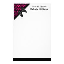 Ribbon Bow Black and Hot Pink Damask Stationery Design