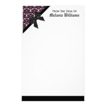 Ribbon Bow Black and Light Pink Damask Stationery