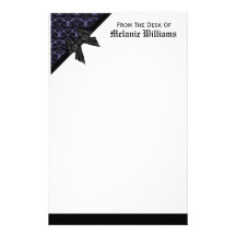 Ribbon Bow Black and Purple Damask Personalized Stationery