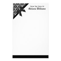 Ribbon Bow Black and White Damask Stationery Paper