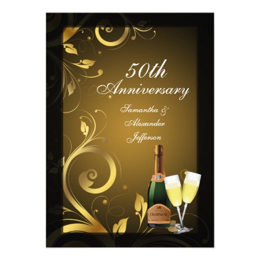 Rich Black and Gold Swirl 50th Anniversary Party Custom Invitation