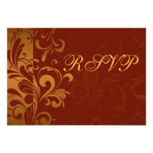 Rich Brick Red and Gold Reverse Swirl RSVP Personalized Announcement