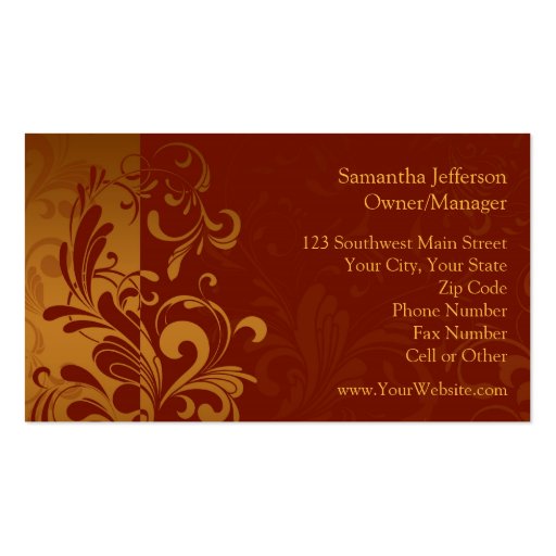 Rich Brick Red, Gold Reverse Swirl Business Cards (back side)