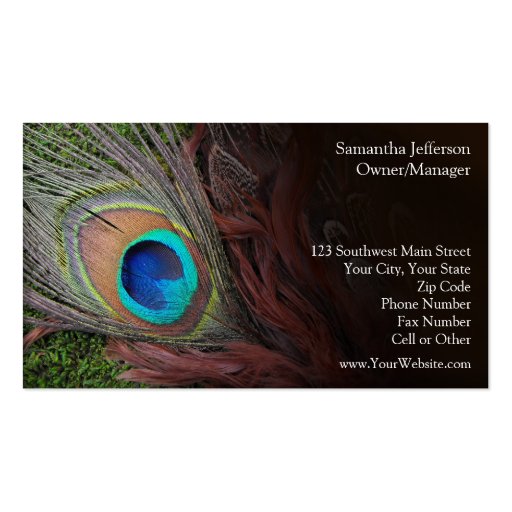 Rich Peacock Feather with Green Moss Business Card (back side)