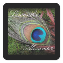 Rich Peacock Feather with Green Moss Square Sticker