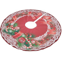Rich Red Ombre Lace  with Christmas Wreath Brushed Polyester Tree Skirt