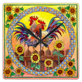 RISE & SHINE ROOSTER by SHARON SHARPE Square Wall Clocks