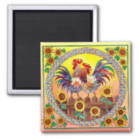 RISE & SHINE ROOSTERS by SHARON SHARPE 2 Inch Square Magnet