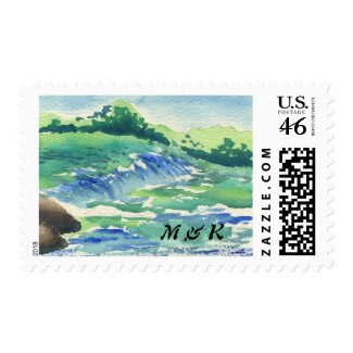River in the Morning Cool Spring Green Nature Stamp