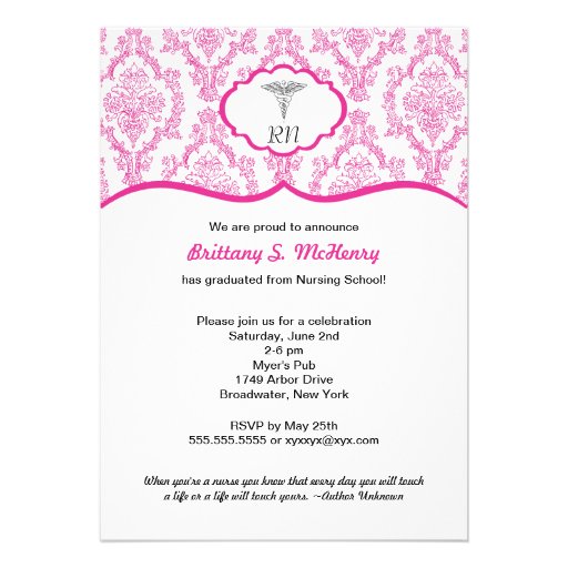 RN BSN Damask Fuchsia Nursing Student Graduation Invitations