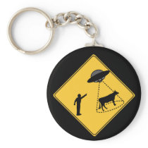 Road Sign- Cow and UFO Keychain