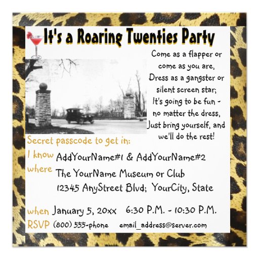 Roaring Twenties Party Flapper Girl Leopard Fur Personalized Invite