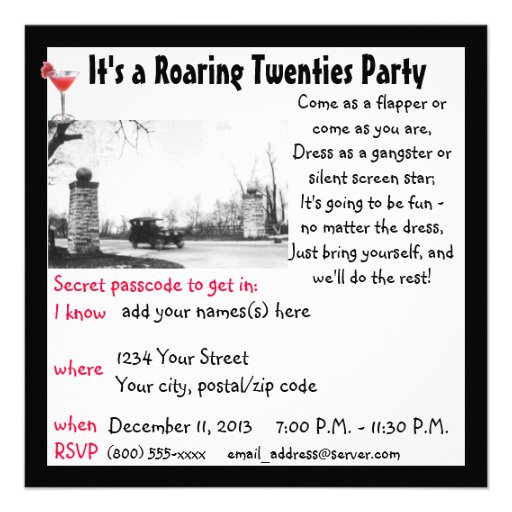 Roaring Twenties Speakeasy Theme Party Custom Invitations