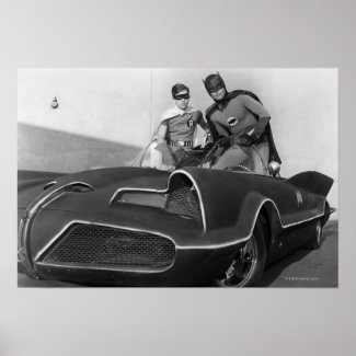 Robin and Batman Standing in Batmobile Posters
