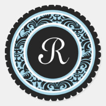 Robin Blue Damask Monogram Initial Sticker