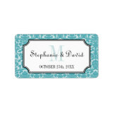 Robin blue monogram damask frame wedding favor tag custom address labels