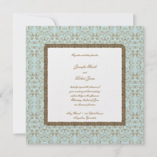 Robin Egg Blue and Brown Damask Wedding Invitation invitation