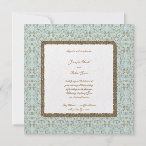 Robin Egg Blue and Brown Damask Wedding Invitation invitation