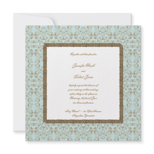 Robin Egg Blue and Brown Damask Wedding Invitation invitation