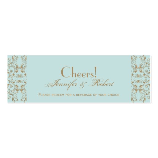 Robin Egg Blue Brown Damask Wedding Drink Ticket Business Card (front side)