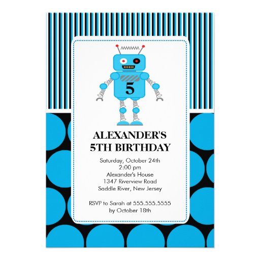 Robot Birthday Party Invitation Blue / Black